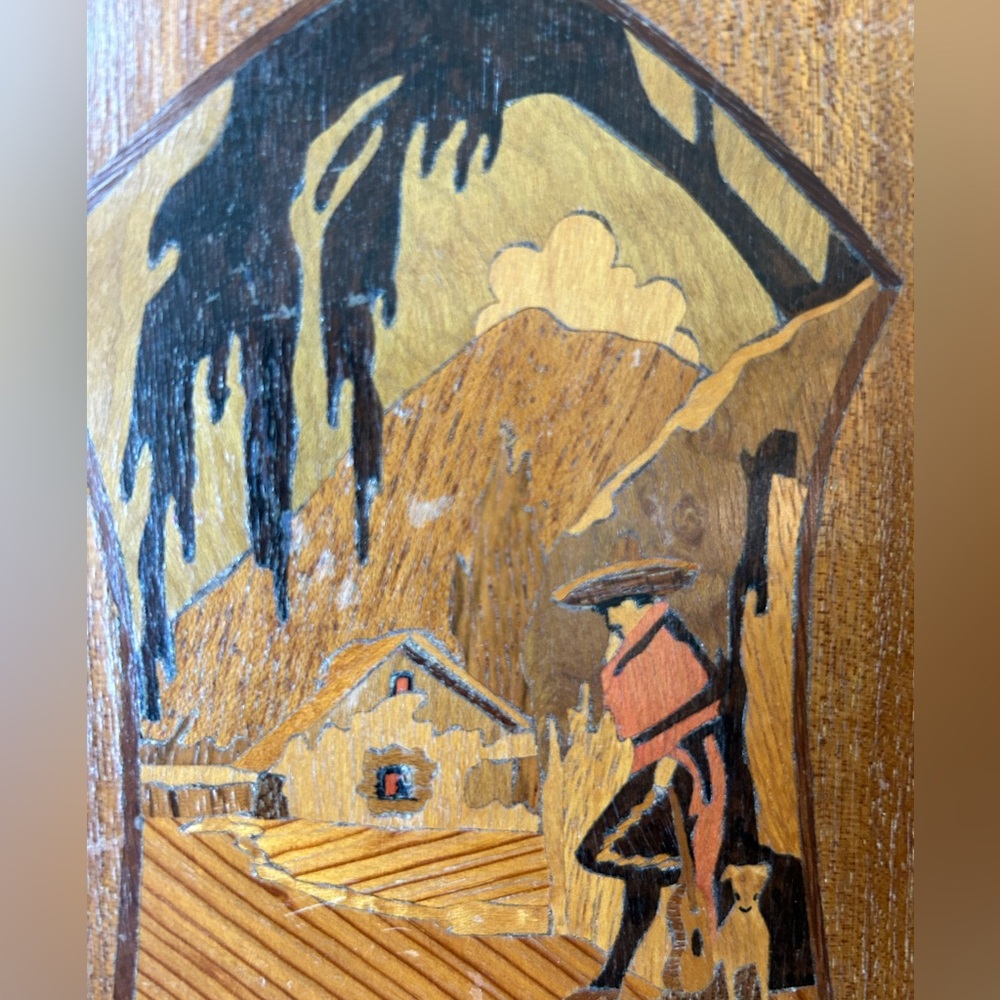 Vintage framed marquetry wood art brown tan man dog cart Jesus Salmon lot of two - Picture 6 of 9